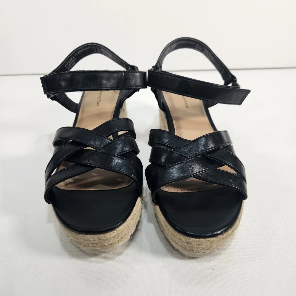 Time And Tru Womens Size 8 Black Wedge Platform Shoes / Woven Heel, Memory Foam